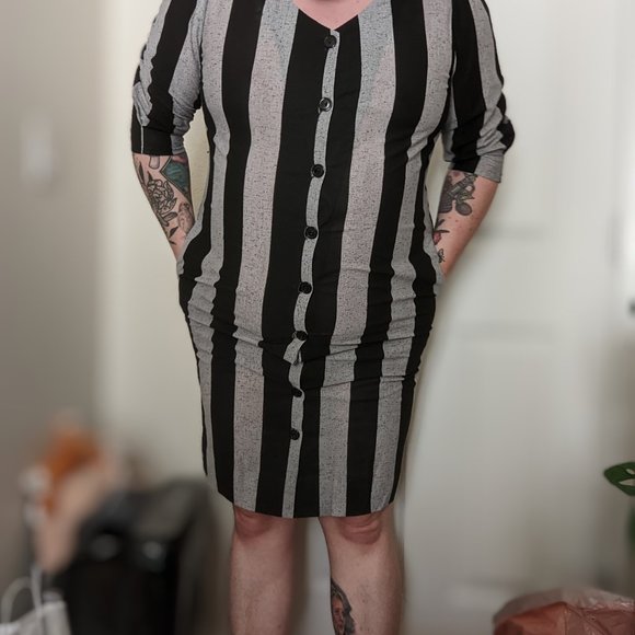 Vintage 70s Black and Grey Striped Dress - Picture 2 of 7